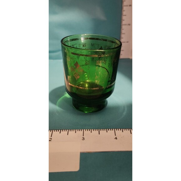 2 Mid-Century Green Glass Shot Glasses – Gold Design Vintage Barware - Picture 10 of 12